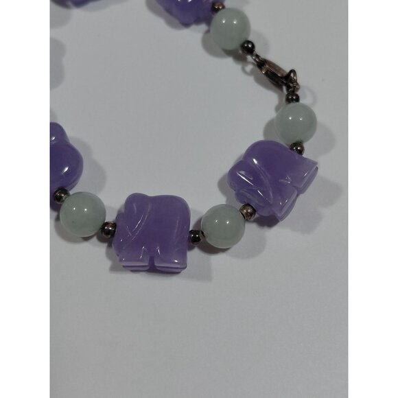 Vtg Lavender & Green Jade Elephant Beaded Bracelet With Silver Clasp Sz 6.25 - Picture 5 of 9
